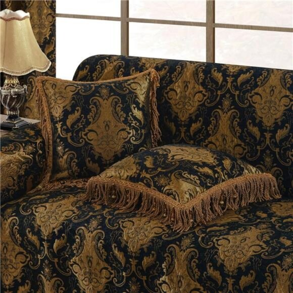 Black Gold Chenille Throw Pillow Cover 20x20 Square Decorative Cushion with Tass - Picture 4 of 8